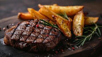 Grilled steak with potato wedges on wooden board photo