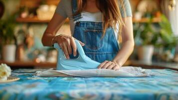 Woman ironing clothes on a table in a cozy room photo