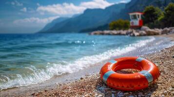 Bright orange lifebuoy on a beach with clear blue water photo