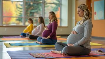 Pregnant women doing yoga in a serene studio photo