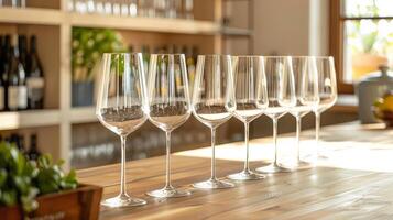 Empty wine glasses on a wooden table in a modern restaurant photo