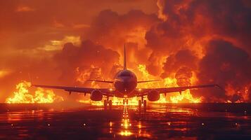 Airplane taking off with dramatic fiery clouds photo