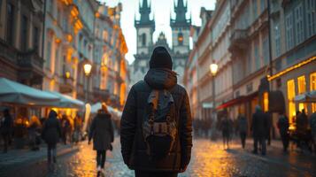 Man walking through a busy city street in the evening photo