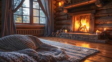 Cozy fireplace with blankets in a log cabin photo
