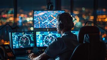Air traffic controller monitoring flights at night photo