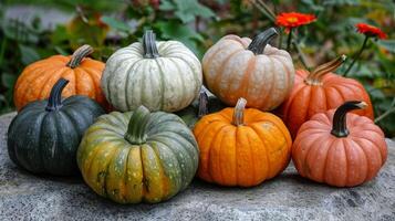 Variety of colorful pumpkins in a garden photo