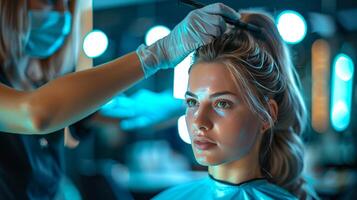Hair stylist working on a client's hair in a salon photo