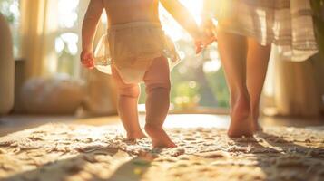 Toddler learning to walk holding mother's hand photo