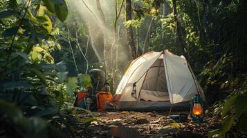 Forest camping with big white tent, gear including backpacks, lanterns, cooking equipment, sunlight creating dappled light. Big camping tent gears photo