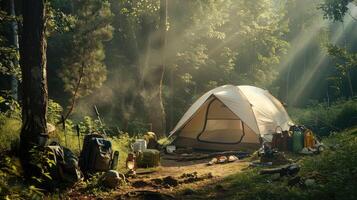 Big white camping tent in lush green forest, surrounded by backpacks, lanterns, cooking equipment, sunlight filtering through trees, dappled light. Big camping tent gears photo