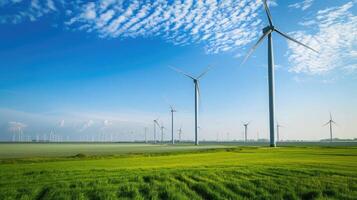 Windmill park in Netherlands, tall white turbines with rotating blades in vast green field, clear blue skies with scattered clouds. Windmill park clean energy nehterlands photo