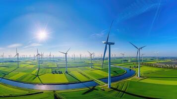 Sunny day in Dutch windmill park, panoramic view with symmetrical turbines, green fields and canals, vibrant blue sky. Windmill park clean energy nehterlands photo