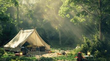 Scenic forest with big white tent, camping gear, backpacks, lanterns, cooking equipment, sunlight filtering, creating dappled light. Big camping tent gears photo