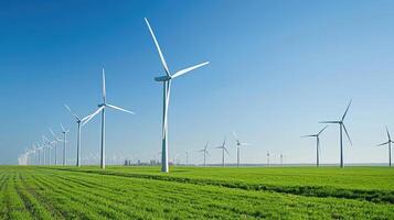 Modern wind turbines in the Netherlands against a clear blue sky with green fields, representing clean and sustainable energy. Windmill park clean energy nehterlands photo