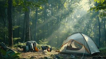 Lush forest clearing with big white camping tent and gear, sunlight filtering, dappled shadows, creating peaceful atmosphere. Big camping tent gears photo