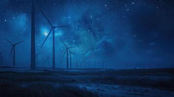 Nighttime in Netherlands windmill park, illuminated turbines, starry sky, peaceful and futuristic mood. Windmill park clean energy nehterlands photo