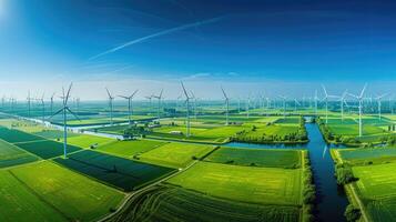 Panoramic view of Dutch windmill park on bright sunny day, numerous turbines in perfect symmetry, green fields and canals, vibrant blue sky. Windmill park clean energy nehterlands photo