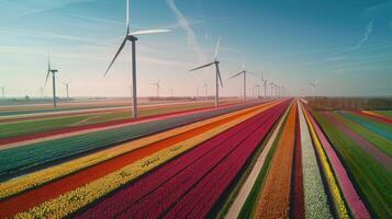 Spring in Dutch windmill park, colorful tulips and turbines, vibrant and optimistic energy in blooming fields. Windmill park clean energy nehterlands photo