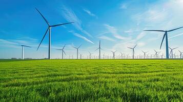 Windmill park in the Netherlands with modern turbines, lush green fields, and clear blue sky, creating a clean and sustainable energy theme. Windmill park clean energy nehterlands photo