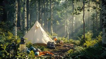 Serene forest camping scene with big white tent, surrounded by gear like backpacks, sleeping bags, and lanterns, sunlight filtering through trees. Big camping tent gears photo