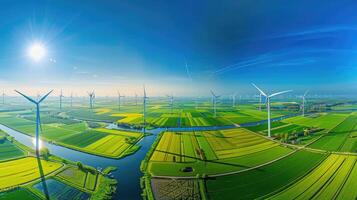 Dutch windmill park panorama, bright day with symmetrical turbines, green fields and canals, clear blue sky. Windmill park clean energy nehterlands photo