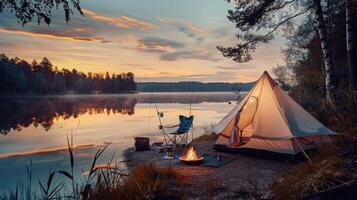 Lakeside camping with big white tent, gear like fishing rod, campfire setup, folding chairs, twilight sky reflection, serene scene. Big camping tent gears photo