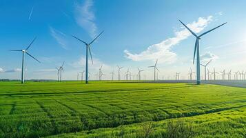 Tall white turbines in Dutch windmill park, clear skies and gentle shadows on green field, sleek design. Windmill park clean energy nehterlands photo