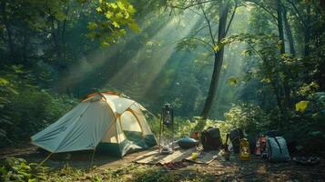 Lush green forest camping with big white tent, surrounded by gear, sunlight filtering through trees, dappled light on tent and ground. Big camping tent gears photo