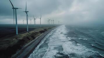 Windmill park in Netherlands, drone shot of coastal area with turbines, sea and overcast sky, dramatic scene. Windmill park clean energy nehterlands photo