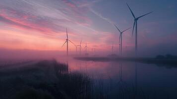 Windmill park in the Netherlands at dawn, soft morning light over landscape, tall and majestic turbines evoking calm and renewable energy potential. Windmill park clean energy nehterlands photo