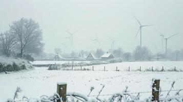 Snowy fields and turbines in Dutch windmill park, winter scene showcasing continuous clean energy and serene resilience. Windmill park clean energy nehterlands photo