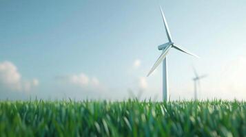 Motion and efficiency of single wind turbine in windmill park, close-up with clear blue sky and green grass. Windmill park clean energy nehterlands photo