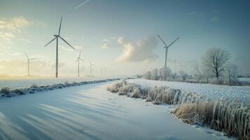 Winter view of Dutch windmill park, turbines amidst snow-covered fields, continuous clean energy generation in all seasons, serene and resilient. Windmill park clean energy nehterlands photo
