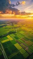 Aerial view of Dutch windmill park with symmetrical turbines on agricultural land during vibrant sunset, creating serene and eco-friendly atmosphere. Windmill park clean energy nehterlands photo