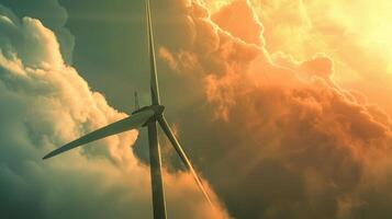 Close-up of single wind turbine in Netherlands against dramatic cloudy skies, blades in motion, highlighting modern engineering and environmental benefits. Windmill park clean energy nehterlands photo