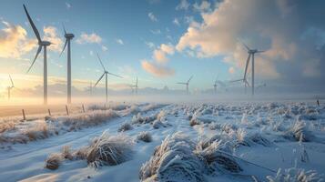 Netherlands windmill park in winter, turbines in snow-covered fields, emphasizing clean energy generation in all seasons. Windmill park clean energy nehterlands photo