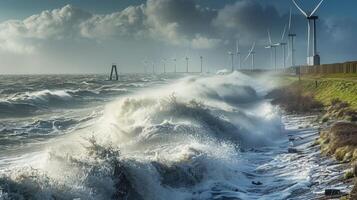 Dutch windmill park by sea, panoramic view, waves hitting shore, turbines spinning, combining nature and technology harmoniously. Windmill park clean energy nehterlands photo