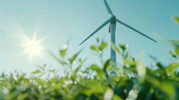 Close-up of single wind turbine in windmill park, clear blue sky background, sleek white blades catching sunlight, motion and efficiency. Windmill park clean energy nehterlands photo