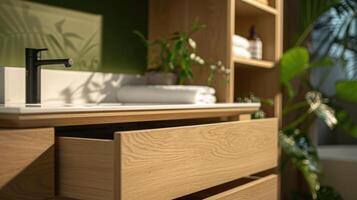 Modern bathroom featuring custom vanity with hidden handles, vessel sink, and soft lighting, close-up view with plants and green wall. Modern minimalist bathroom wooden vanity photo