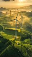Sunset in Netherlands windmill park, golden light and long turbine shadows on hills, inspiring vision of sustainable energy. Windmill park clean energy nehterlands photo
