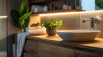 Modern bathroom featuring custom vanity with hidden handles, vessel sink, and soft lighting, close-up view with plants and towels. Modern minimalist bathroom wooden vanity photo