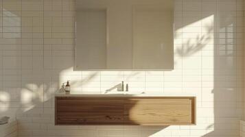 Modern bathroom featuring floating wooden vanity with built-in sink, white subway tiles, and frameless mirror, wide-angle view with bright lighting. Modern minimalist bathroom wooden vanity photo
