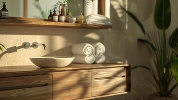 Sleek wooden vanity in modern bathroom, close-up view with soft ambient light, minimalist shelving, and vessel sink. Modern minimalist bathroom wooden vanity photo