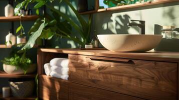 Close-up of custom wooden vanity in modern bathroom with hidden handles, vessel sink, and minimalist shelving unit with green wall. Modern minimalist bathroom wooden vanity photo