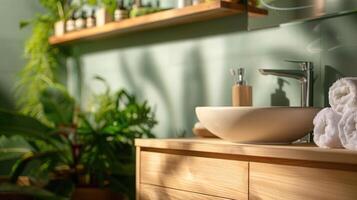 Sleek wooden vanity in modern bathroom, close-up view with soft ambient light, minimalist shelving, and green wall. Modern minimalist bathroom wooden vanity photo