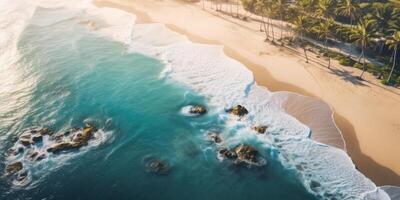 Aerial View Of Pristine Beach With Waves And Palm Trees. Sunrise Over Tropical Shoreline And Sea. photo