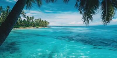 Tropical Beach View With Clear Turquoise Waters. Coastal Landscape With Palm Trees. photo