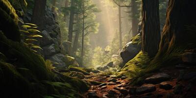Mystical Forest Pathway In Morning Light. Mossy Forest Floor Among Ancient Trees With Sunbeams. photo