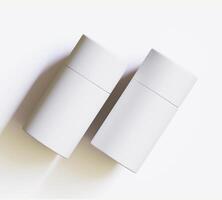 White Paper tube package mockups isolated on white background. Blank craft carton circular realistic tube texture. Cylindrical container with cap for product branding photo