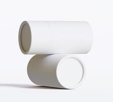 White Paper tube package mockups isolated on white background. Blank craft carton circular realistic tube texture. Cylindrical container with cap for product branding photo